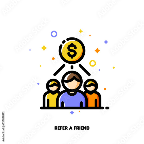 Icon with business team and dollar sign for partner program or referrals network concept. Flat filled outline style. Pixel perfect 64x64. Editable stroke