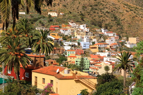 Colorful homes in Vallehermoso town and valley on the island of La Gomera, Canary Islands, Spain