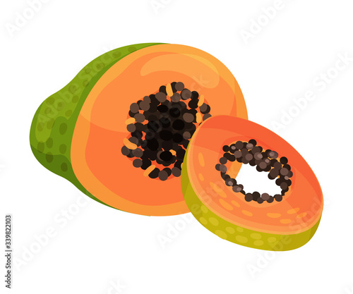 Halved Papaya Fruit and Cut into Slices Showing Orange Flesh and Numerous Black Seeds Vector Illustration
