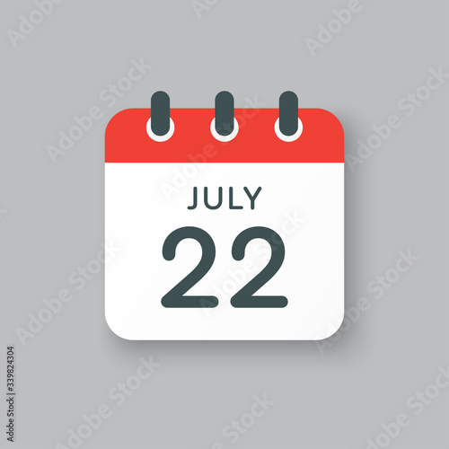 Icon calendar day 22 July, summer days of the year