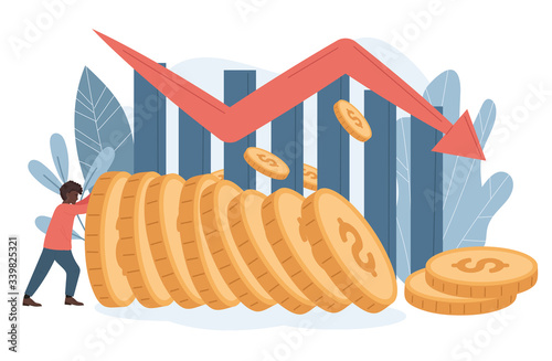 Black man trying to prop up a stack of gold coins under a red arrow showing a loosing streak plummeting downwards in a financial concept, vector illustration