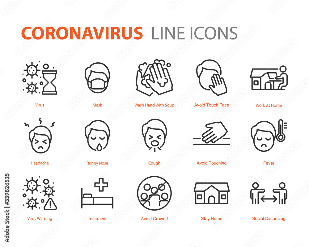 set of coronavirus icons, virus, illness, avoid crowd