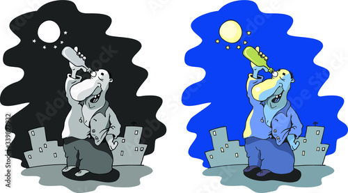 A man on the street with an empty bottle of alcohol looks at the moon. Vector illustration in cartoon style.