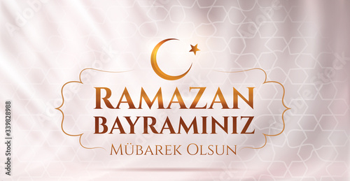 Eid al-Fitr mubarak Islamic feast greeting card. Translation from Turkish: Happy Eid-al-Fitr. Holy month of muslim community. Billboard, Poster, Social Media, Greeting Card template.