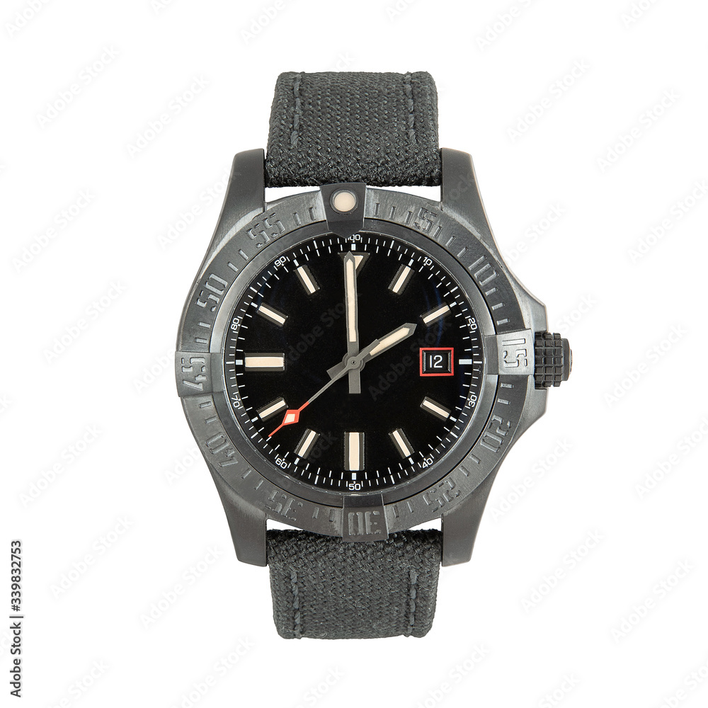 Luxury steel watch with black fabric strap, front view, isolated on white background Luxury steel watch with black fabric strap, front view, isolated on white background