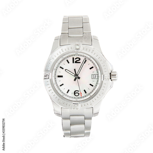 Luxury white steel watch with mother of pearl on the dial and with a white strap, front view, isolated on white background