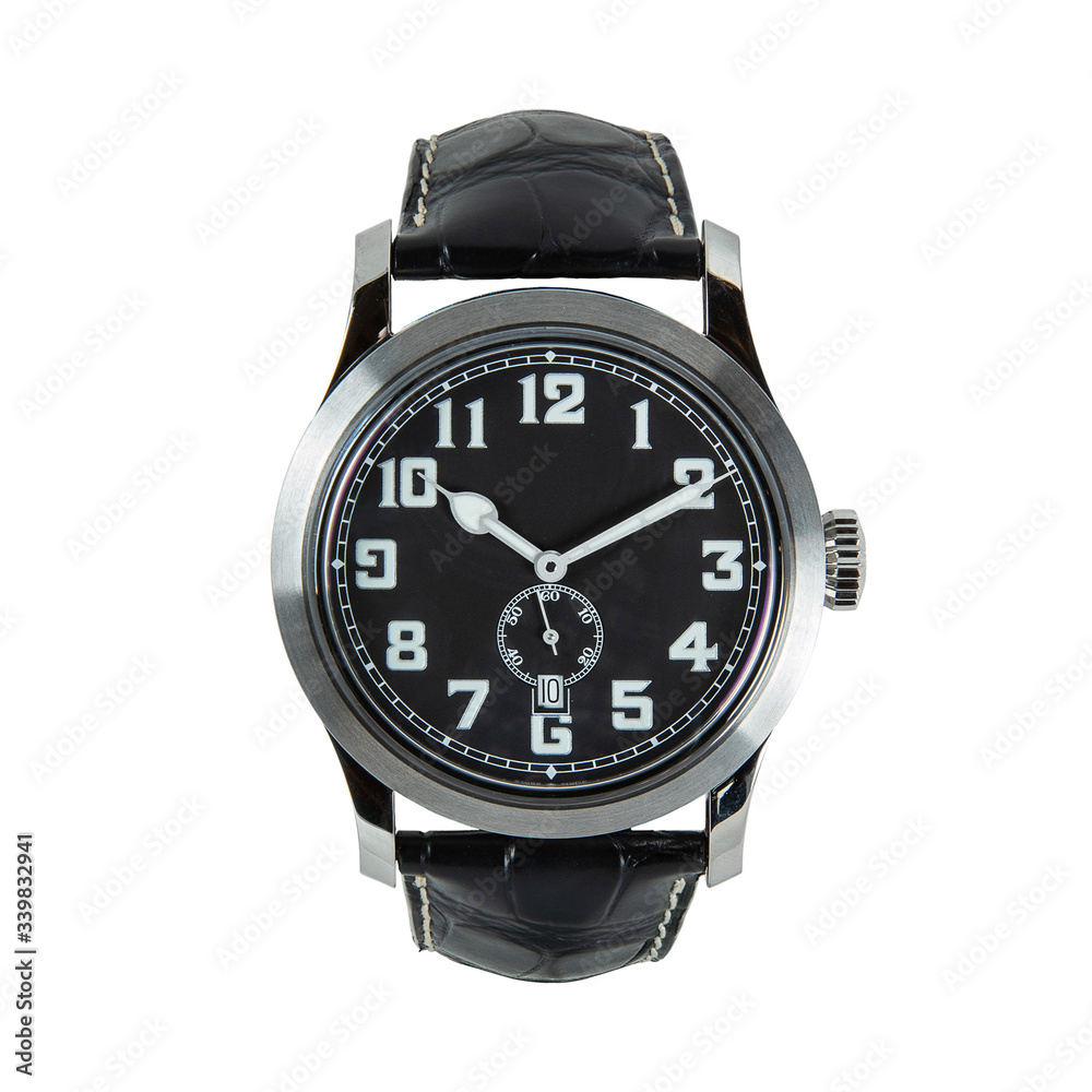 Black watch with black dial and calendar and black leather strap, front view, isolated on white background Black watch with black dial and calendar and black leather strap, front view, isolated on white background