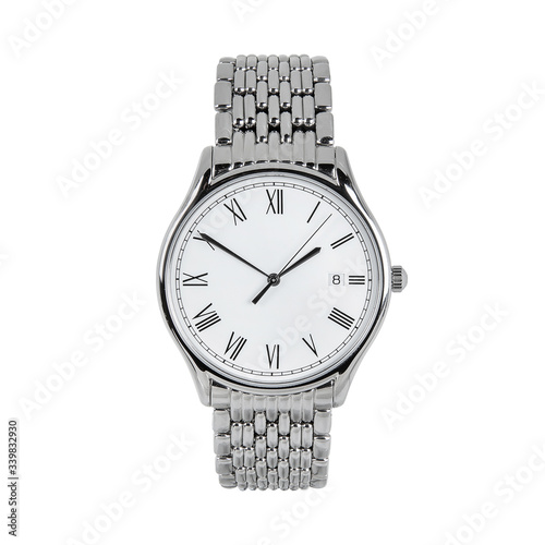Luxury classic watch with a white dial and Roman numerals and a calendar and steel strap, front view isolated on white background