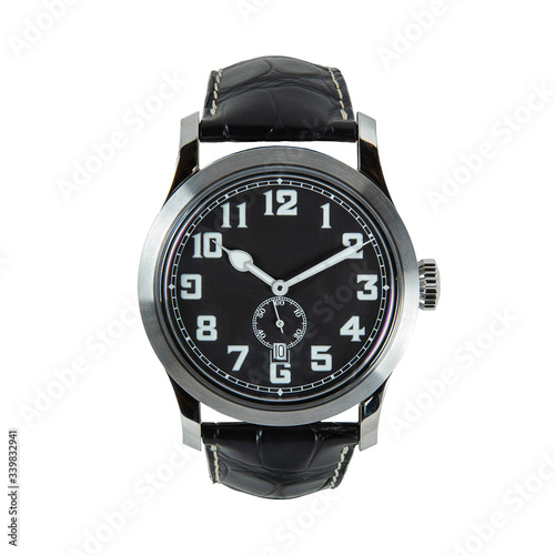 Black watch with black dial and calendar and black leather strap, front view, isolated on white background