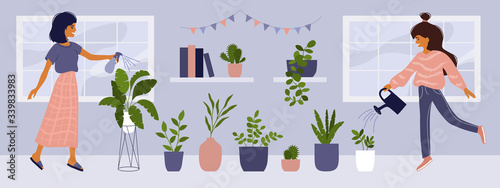 Care of houseplants, home gardening, urban jungle. Cute smiling girls with watering can caring of home garden, spraying leaves. Collection of potted plants. Vector illustration of cozy interior, decor