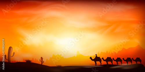 Sunset in the mexican desert. Silhouettes of stones, people with camels, cacti and plants. Rocky desert. 