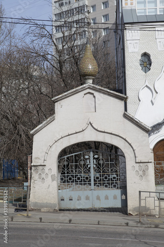 Old Believers inactive Church of the Intercession of the blessed virgin Mary in Maly Gavrikov lane, 29 in Moscow, Russia. Art nouveau style in vintage religious architecture. Moscow landmark, monument photo