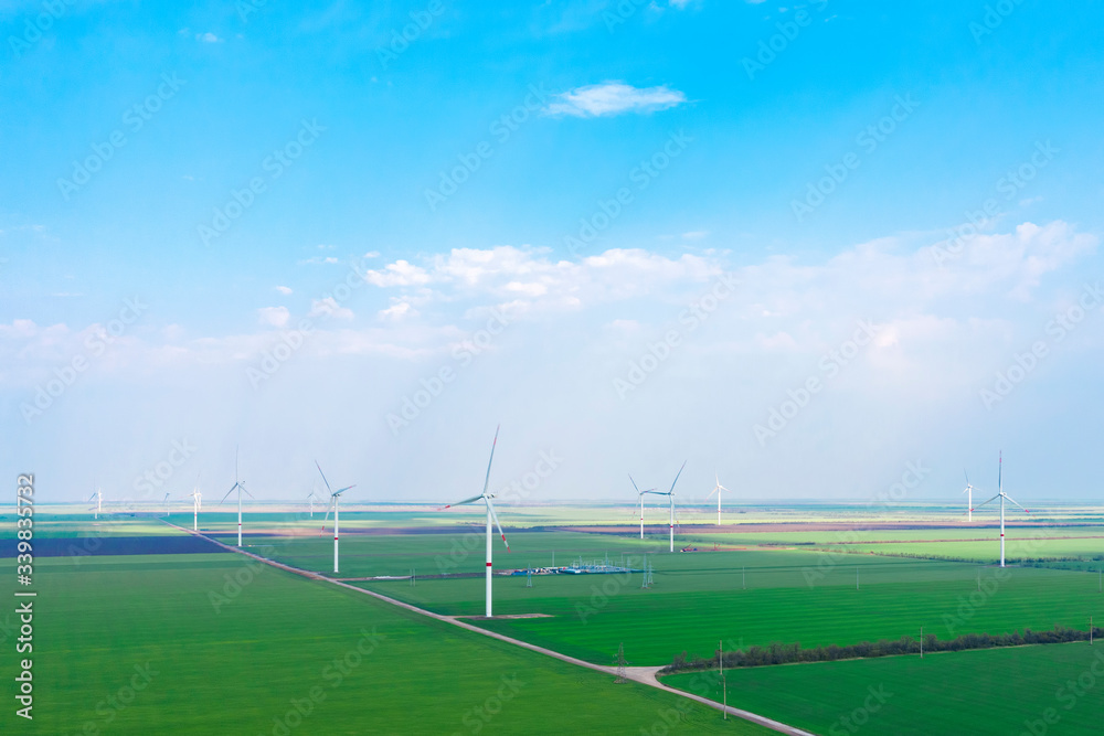 Wind turbines from aerial view. Environment and renewable energy. Aerial photography