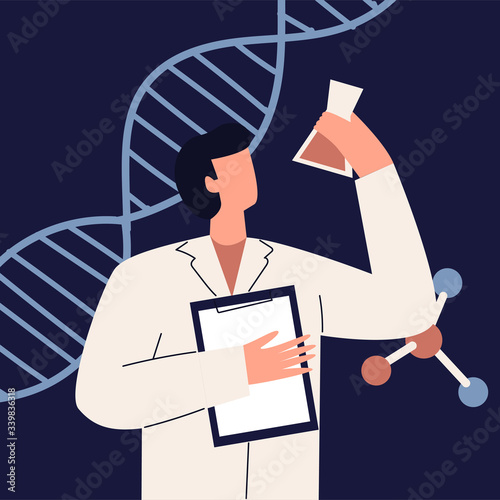 Man in white coat looking at a flask. Scientist with document case. Scientist in laboratory coat conducting experiments in laboratory. Male researcher in chemical lab. Flat vector illustration