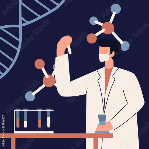 Man in white coat looking at a flask. Scientist with test tubes. Scientist in laboratory coat conducting experiments in laboratory. Male researcher in chemical lab. Flat vector illustration