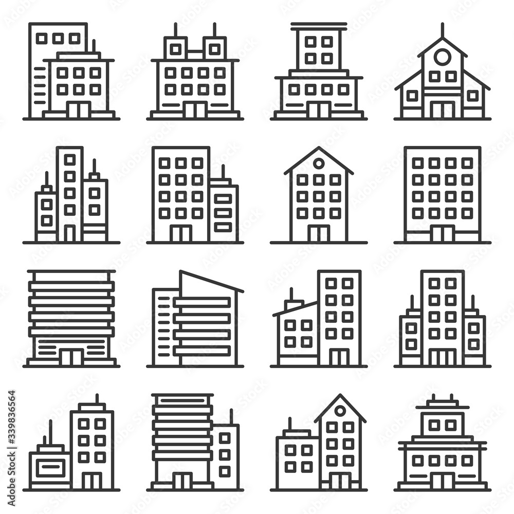 Company Buildings Icons Set on White Background. Line Style Vector