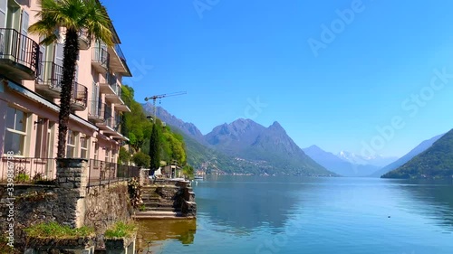 Village Gandria on Alpine Lake Lugano with Mountain in a Sunny Day in Ticino, Switzerland.