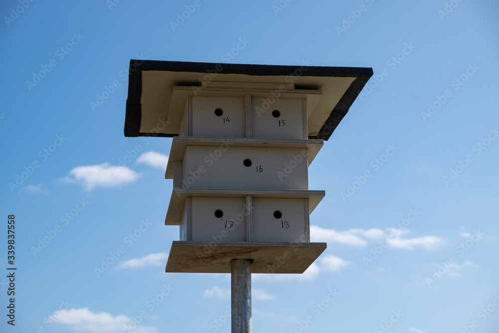 wooden bird house hotel in the sky