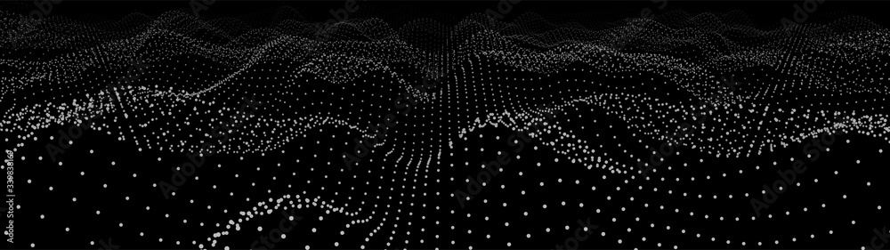 Abstract dynamic wave of particles. Wave of gradient dots on black background. Futuristic vector illustration.