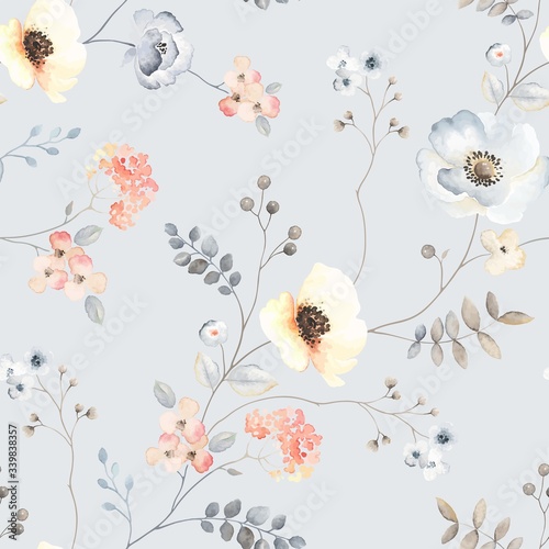 Flower seamless pattern with abstract floral branches with leaves, blossom flowers and berries. Vector illustration in vintage watercolor style on ligh grey background.