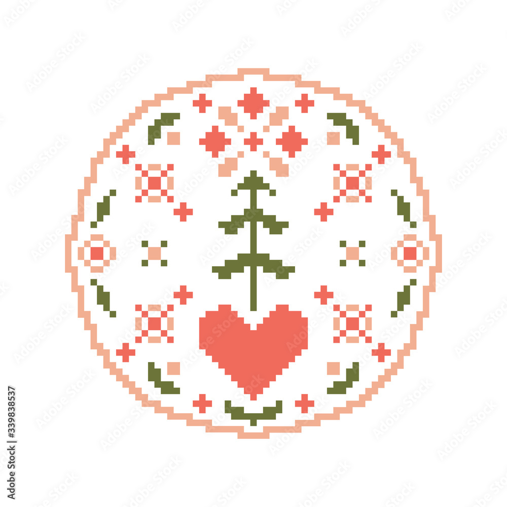 Obraz premium Round floral folk ornament in european scandinavian style, pixel effect of embroidery. Stock vector illustration for web and print, textile, patterns of embroideries and postcards 
