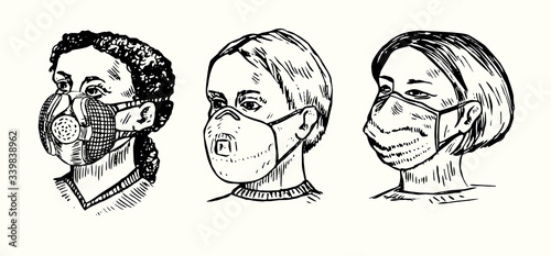 Girls faces wearing P100 respirator, N95 respirator and surgical mask, portraits collection, outline simple doodle drawing photo