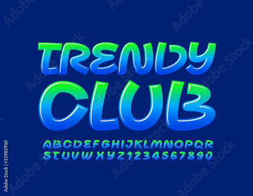 Vector creative sign Trendy Club with handwritten glossy Font. Bright Alphabet Letters and Numbers