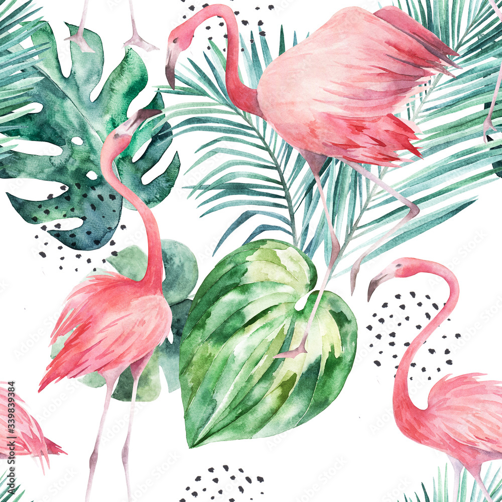 Naklejka premium Tropical seamless pattern with flamingo and palm trees. Watercolor print on white background. Summer hand drawn illustration