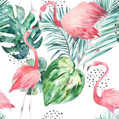 Fototapete Flamingomuster Aquarell Flamingos und Palmen Muster  © natikka