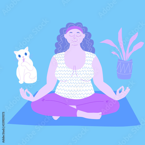 Overweight girl practices yoga, meditates. Young body positive woman in lotus position at home with a cat and houseplant. Sports and quarantine activities. Stock vector simple flat illustration.