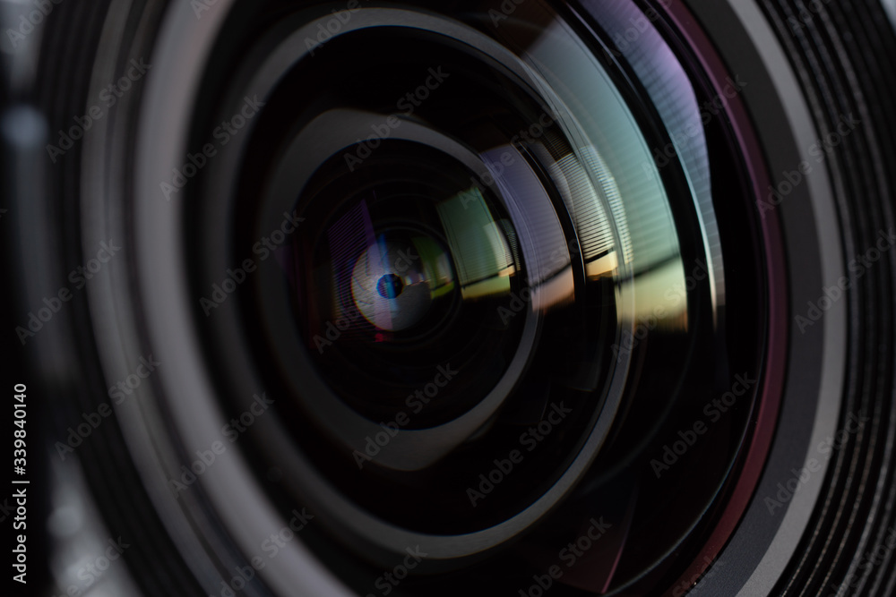 Close-up camera lens with color reflections Close-up camera lens with color reflections