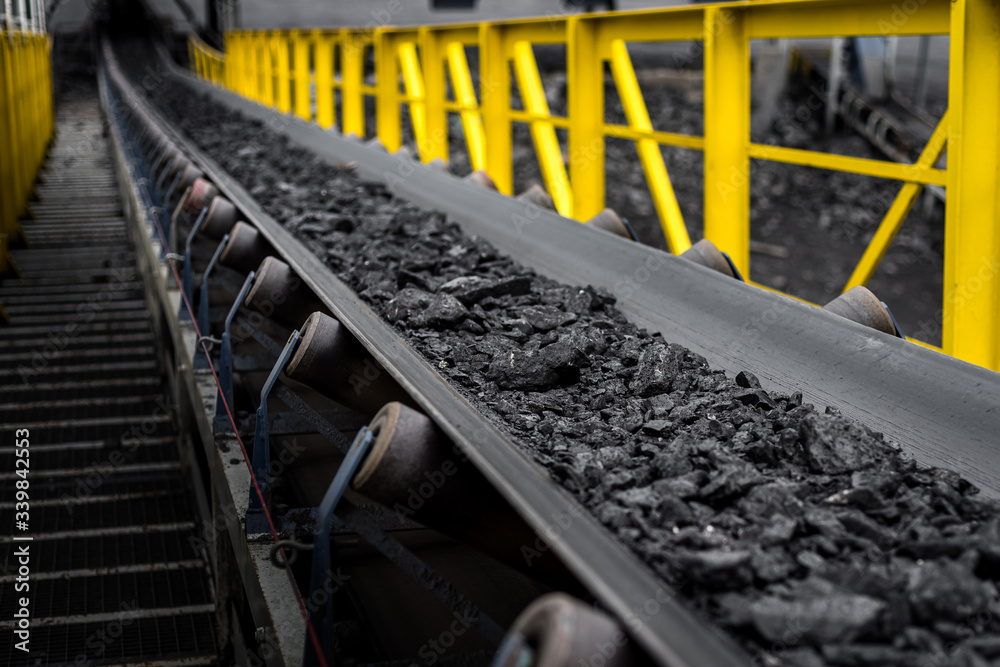 opencast mine - belt conveyor - coal, stones - transport - obrazy, fototapety, plakaty 