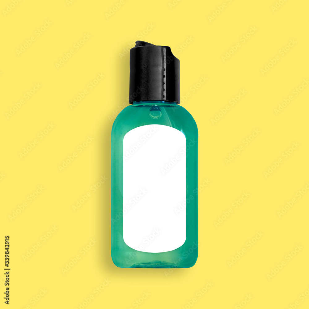 Hand sanitizer, liquid soap, washing gel, alcohol rub, squeeze bottle dispenser close up, isolated and presented in punchy pastel colors, with customizable label for creative design Hand sanitizer, liquid soap, washing gel, alcohol rub, squeeze bottle dispenser close up, isolated and presented in punchy pastel colors, with customizable label for creative design