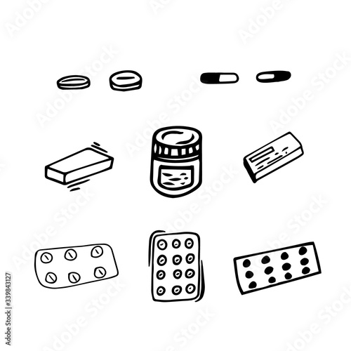 Doodle set of birth control pills, painkillers, from covid-19. Vector set of tablet packages. 10 elements