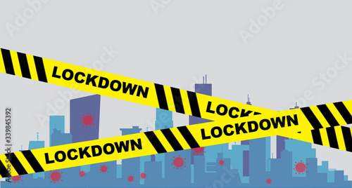 Lockdown barrier tape in the city. Coronavirus pandemic, city quarantine lockdown. 