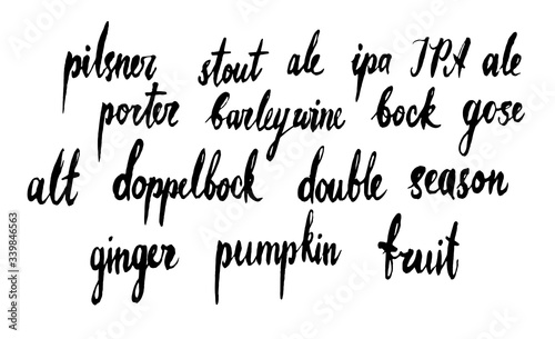 Handwritten vector word “Sorts of crarf beer”. Hand lettering illustration. Brush handwritten text for poster, banner, pub, bar, menu.