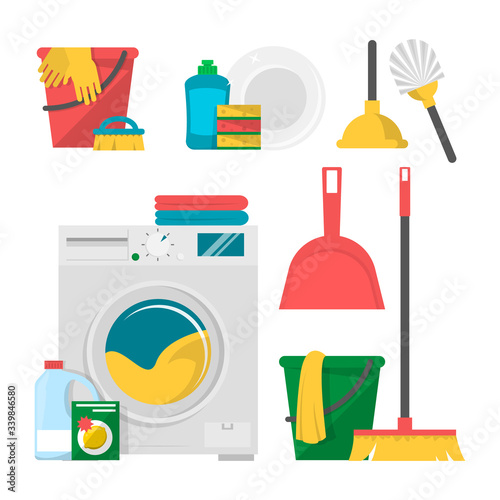 Home cleaning products and tools set isolated
