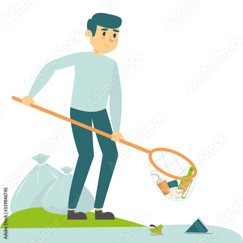 Man catch garbage in the water vector