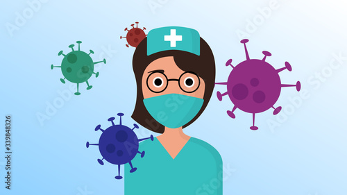 Nurse or medical health care professionals with medical mask fighting with Covid-19 pandemic . Vector illustration 