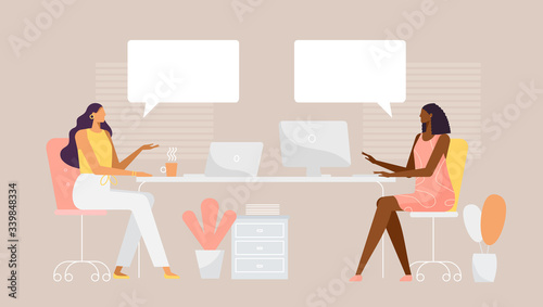 Businesswomen work at modern office. African American and European women. Speech bubbles, place for your text. Vector illustration, trendy style, flat design  © Marina