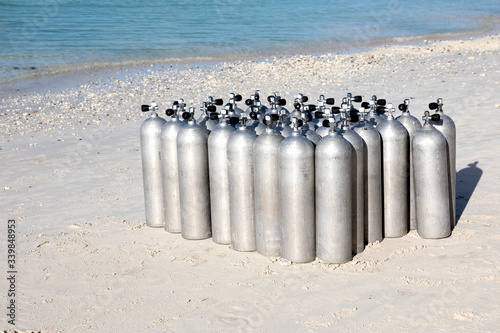 diving cylinders on the beach, white beach, Boracay island, Philippines.