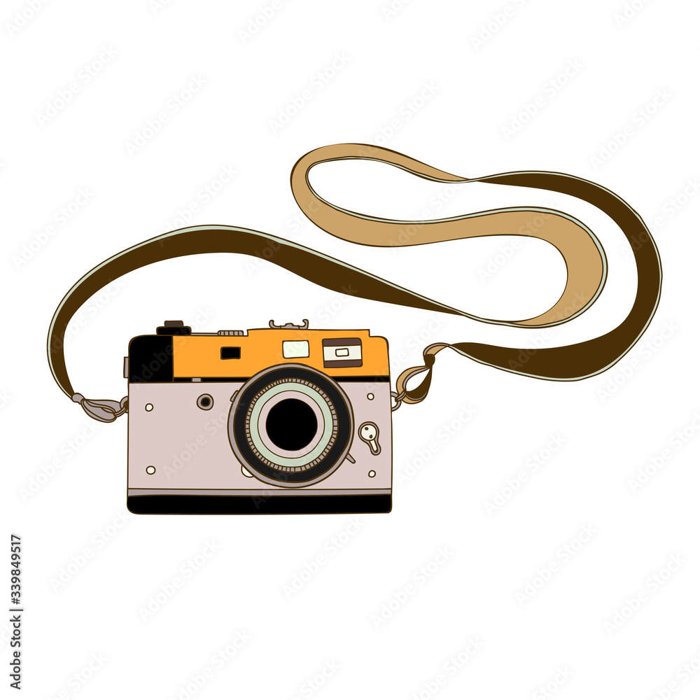 Cartoon style illustration, element design. Vector colourful illustration of a camera  on a white background.  