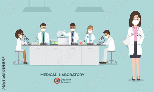 Professor, doctor, scientist and science technician doing research and analysis vaccine for Coronavirus, Covid-19 in medical science laboratory. 
