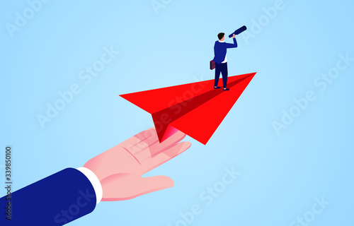 Giant helps businessman stand flying on paper plane and explore through telescope