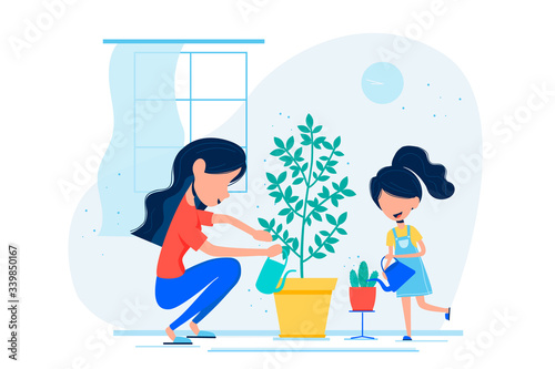 Mother and her daughter are watering plants at home. Family is staying at home and spending time together. Vector flat style illustration