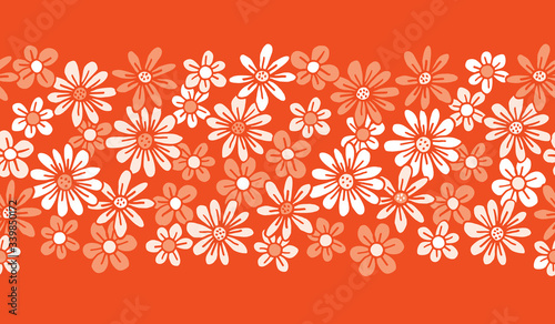 Monochrome Orange Hand Drawn Felt Tip Pen Daisies Background Floral Vector Seamless Horizontal Pattern Border. Cream Flowers Design. Bold Large Vintage Blooms Fashion, Textile Trendy Print