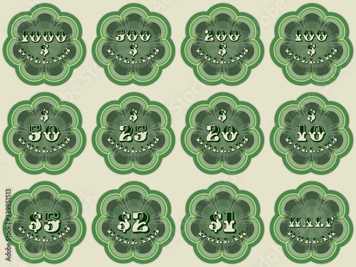 Set of green guilloche patterns with face values from half to 1000 dollars