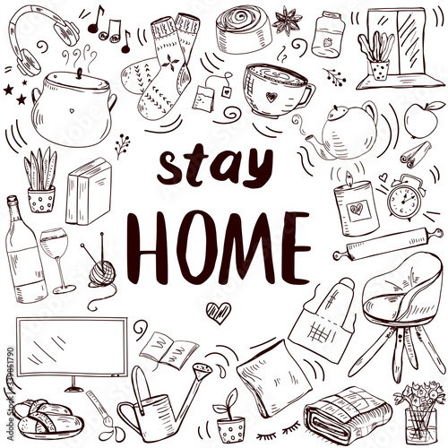 Template with hand drawn doodle style home related objects. Cozy and comfortable