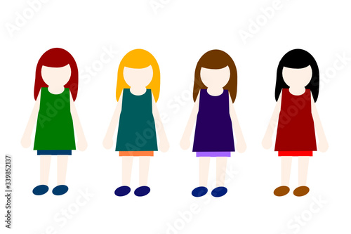 Set of four girls with different hair colors in harmonic clothing colors.