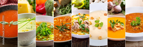collage of various types plates of soup